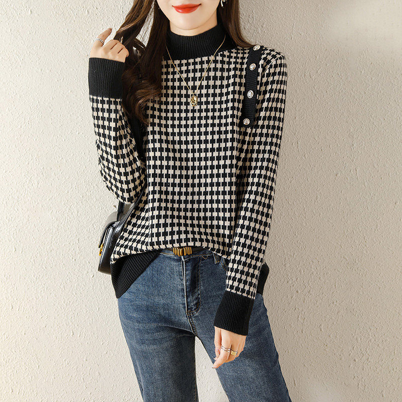 半高领毛衣女士秋冬季2023新款千鸟格子打底衫宽松上衣气质针织衫,女装/女士精品,毛衣,淘宝优惠券,粉丝福利购,淘宝优惠卷