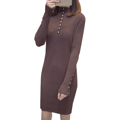 修身包臀中长款针织连衣裙女秋冬季加厚修身打底衫毛衣裙新款