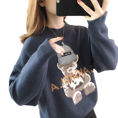 秋冬新款潮半高领毛衣女打底衫卡通洋气套头针织衫慵懒风宽松外穿