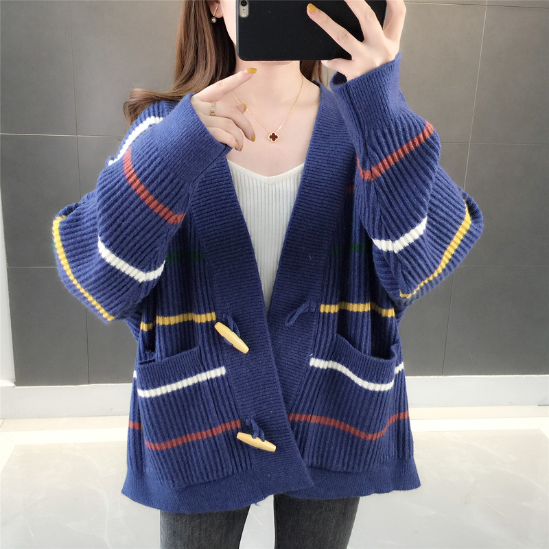 宽松懒惰风条纹针织开衫女毛衣秋冬新款洋气外套春秋慵懒外搭