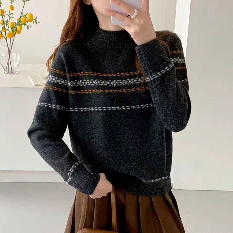 半高领条纹毛衣女秋冬季2025新款套头针织衫宽松复古内搭打底衫,女装/女士精品,毛衣,淘宝优惠券,粉丝福利购,淘宝优惠卷
