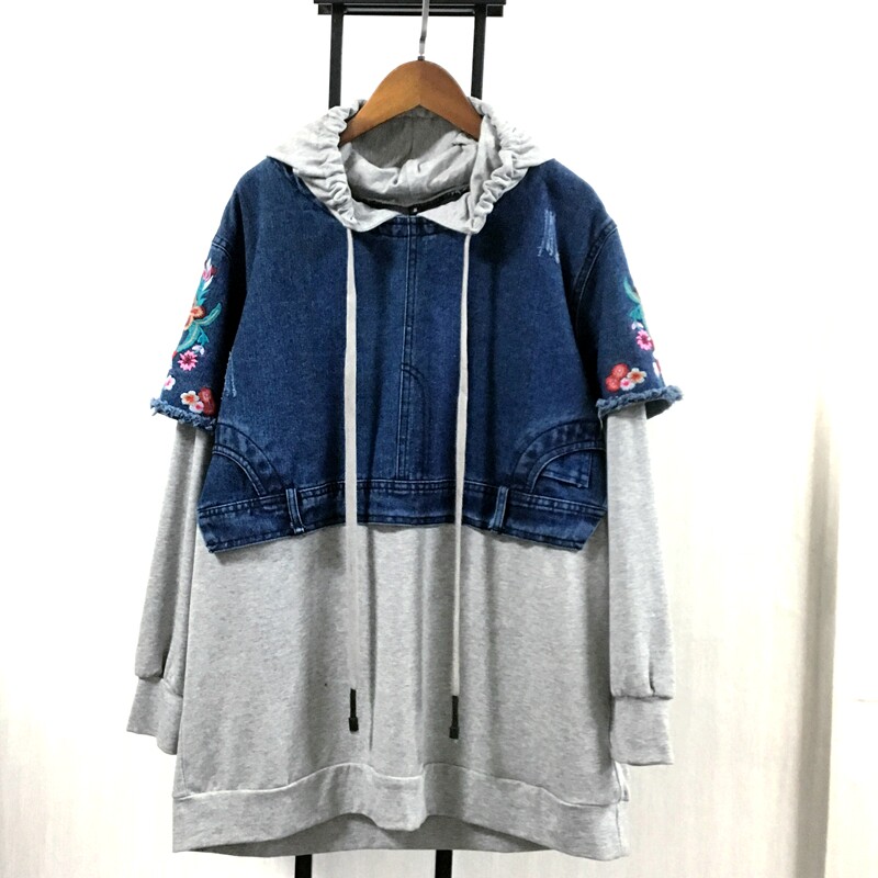 特价秋冬新款蒲公樱 序外时尚韩版刺绣牛仔卫衣 假两件套上衣帽衫