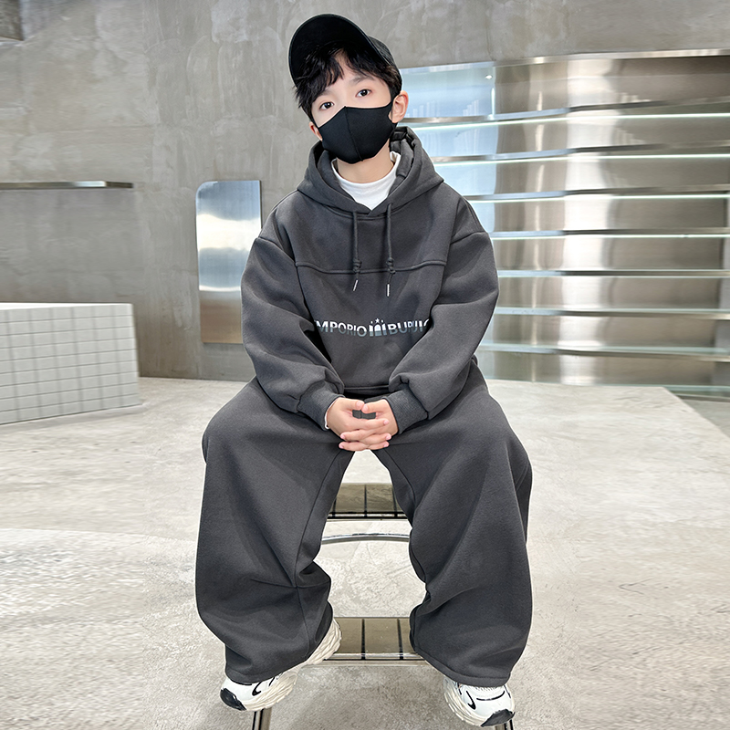 男童加绒套装秋冬款2024新款儿童装冬季加厚卫衣运动服冬装大男孩