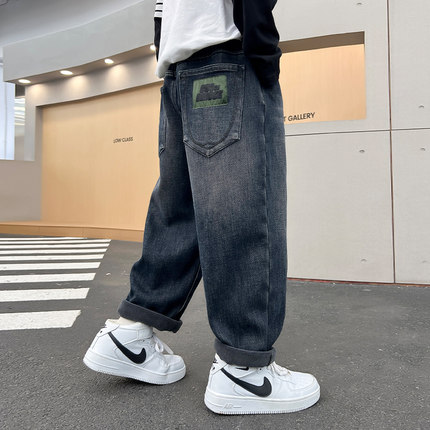 男童加绒裤子2024秋冬新款冬季男孩中大童儿童牛仔裤长裤直筒一体