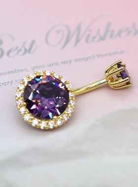 S925纯银金色圆形肚脐钉环紫色锆石女防过敏脐钉穿刺饰品性感穿环