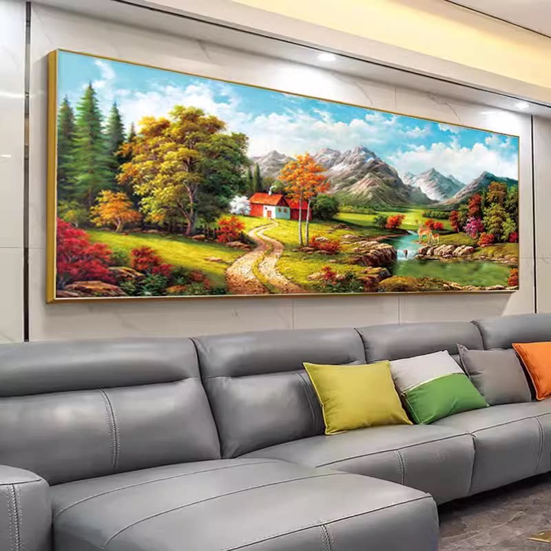新品田园风满钻钻石绣聚宝盆客厅装饰画山水风景简约现代背有靠山