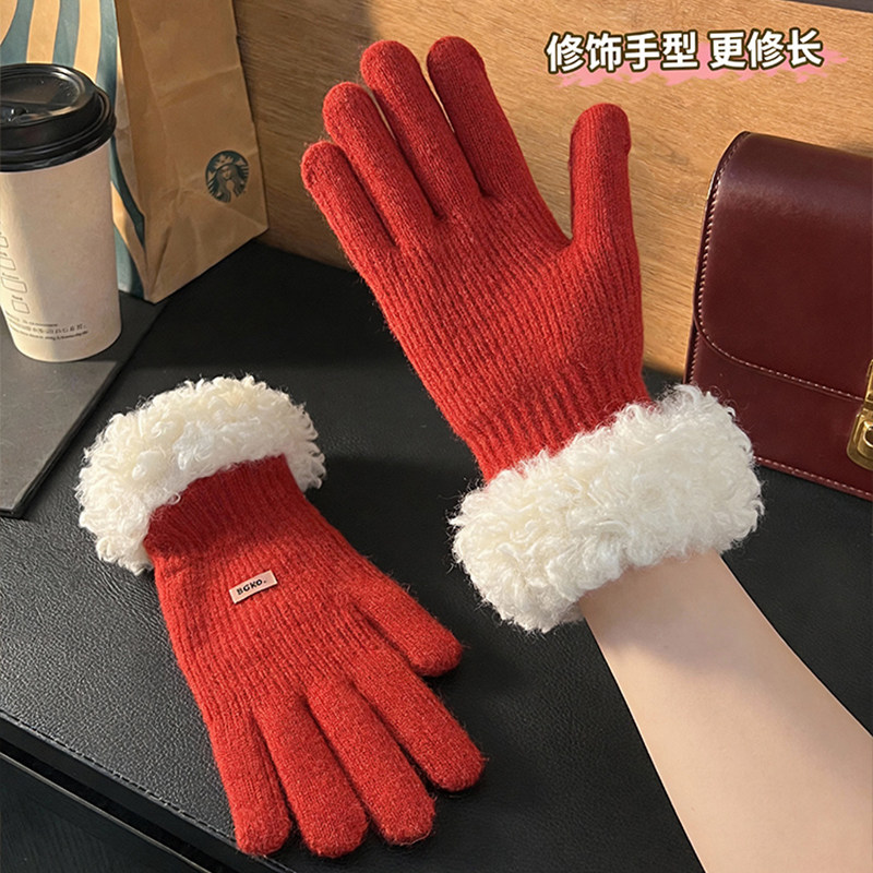 红色毛绒边针织手套女冬季2026新款保暖骑行手套修长手型新年手套