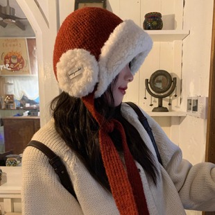 红色帽子女2025新款冬季防风防寒护耳雷锋帽大头围保暖套头针织帽
