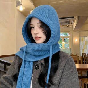 针织连体帽围巾一体女冬毛线帽保暖护耳帽防风防寒围脖巴拉克法帽