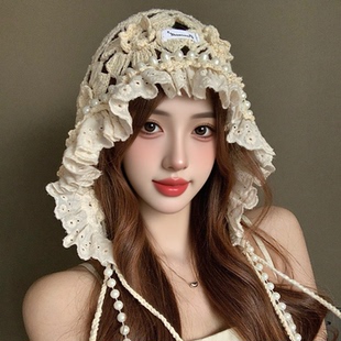 日系甜美镂空针织帽女波西米亚风透气百搭显脸小高级感流苏包头帽