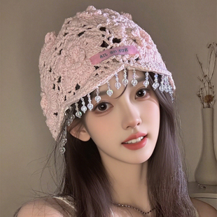 波西米亚风包头帽流苏串珠镂空帽子女款2025新款大头围钩花针织帽