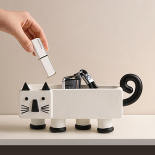 侘寂风猫猫收纳摆件家居客厅民宿样板间高级艺术感装饰笔筒摆件