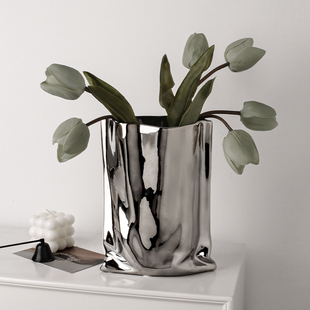 轻奢风高档电镀银色高级感花瓶摆件客厅插花简约现代茶几家居陶瓷