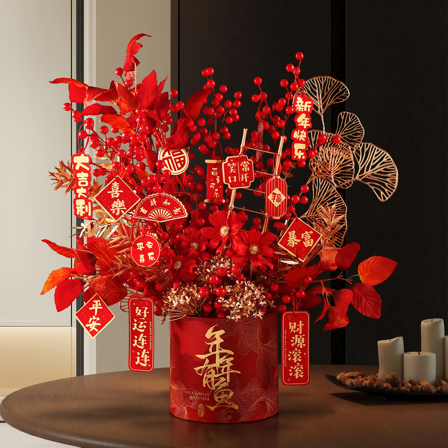 2026新款马年春节过年花束新年装饰摆件抱抱桶年宵花客厅乔迁礼物,家居饰品,桌面摆件,淘宝优惠券,粉丝福利购,淘宝优惠卷