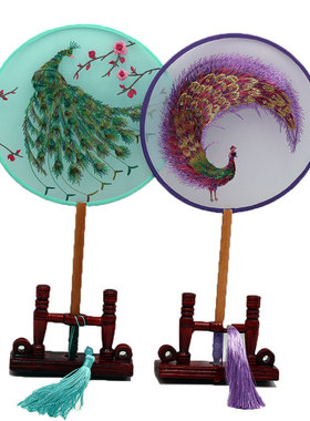 新款单面刺绣透明宫扇 圆形绣花花草人物图团扇古风汉服舞蹈扇子