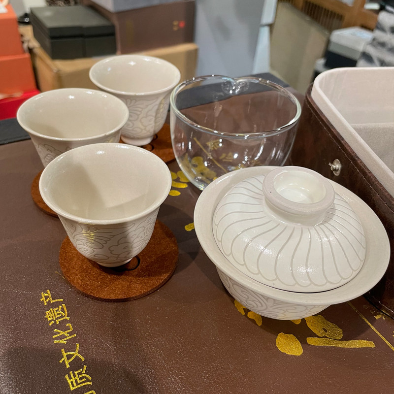 邯郸磁州窑白刻伴手礼茶具小套装