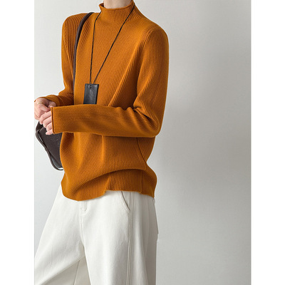 设计感竖条纹加厚保暖针织衫女冬季气质半高领套头修身内搭毛衣女