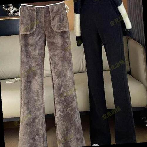 雪尼尔特厚羊羔绒女大码200斤冬季加绒加厚阔腿显瘦休闲喇叭裤子