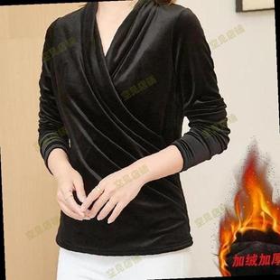 黑色V领金丝绒长袖T恤女加绒加厚修身收腰褶皱上衣保暖妈妈打底衫