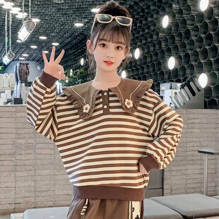 女童卫衣秋装 时髦洋气中大童条纹长袖 上衣女孩宽松春秋季 衣服 新款