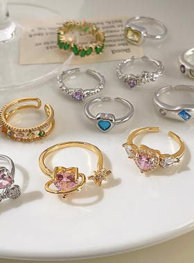 甜酷风彩色锆石戒指女个性小众设计食指戒时尚轻奢高级感百搭指环