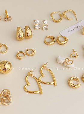 金色耳环镀18K轻奢风耳钉女小众设计冷淡风百搭耳饰925银针高品质