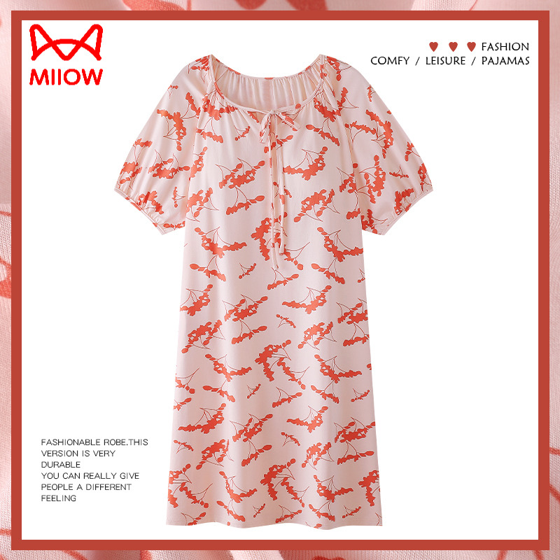 猫人带胸垫睡裙女士夏季纯棉短袖睡衣长款薄款孕妇妈妈连衣裙
