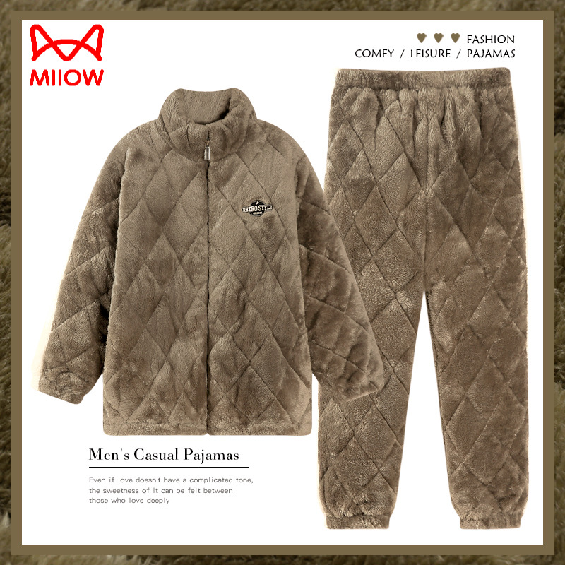 猫人睡衣男士三层珊瑚绒夹棉