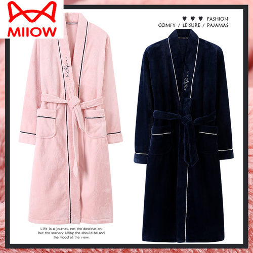 秋冬款法兰绒情侣睡袍猫人