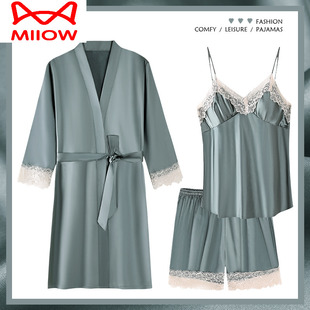 猫人三件套睡袍吊带短裤睡衣女士夏季冰丝真丝绸带胸垫家居服