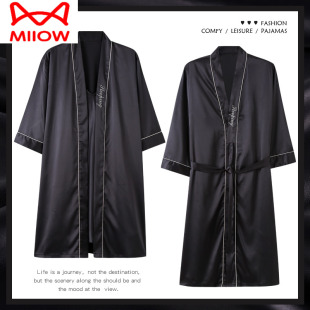 猫人睡袍女性感春秋夏季 真丝绸情侣睡衣男浴袍冰丝家居服浴衣