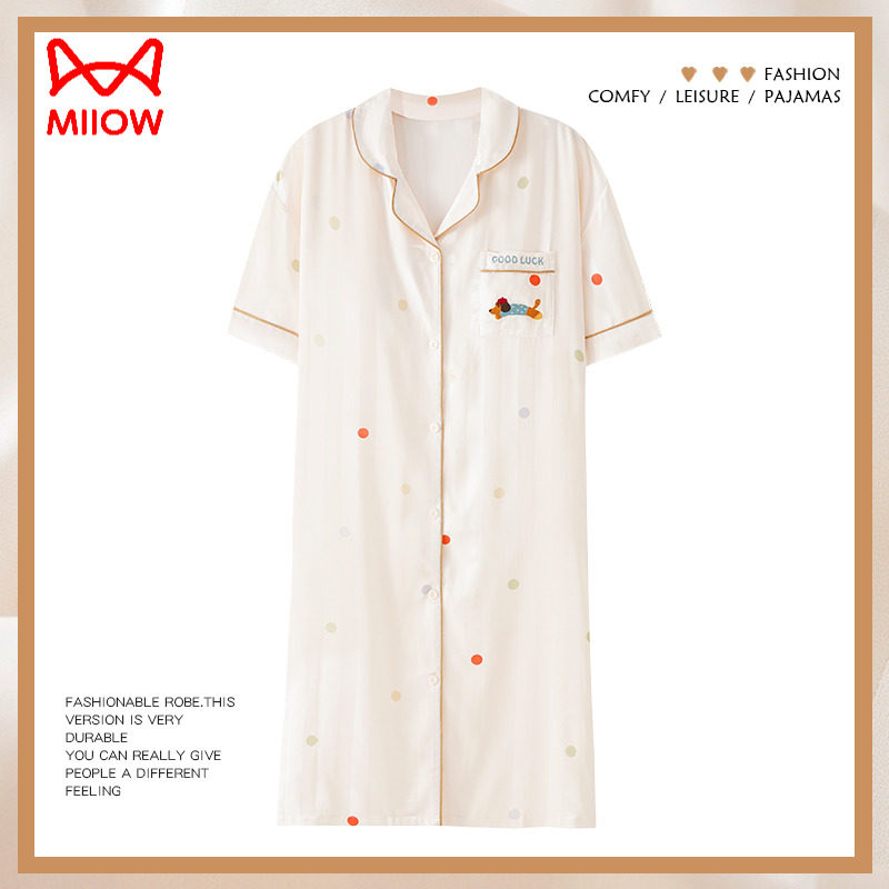 猫人带胸垫睡裙女士夏季仿真丝短袖睡衣冰丝绸夏天衬衫裙大码