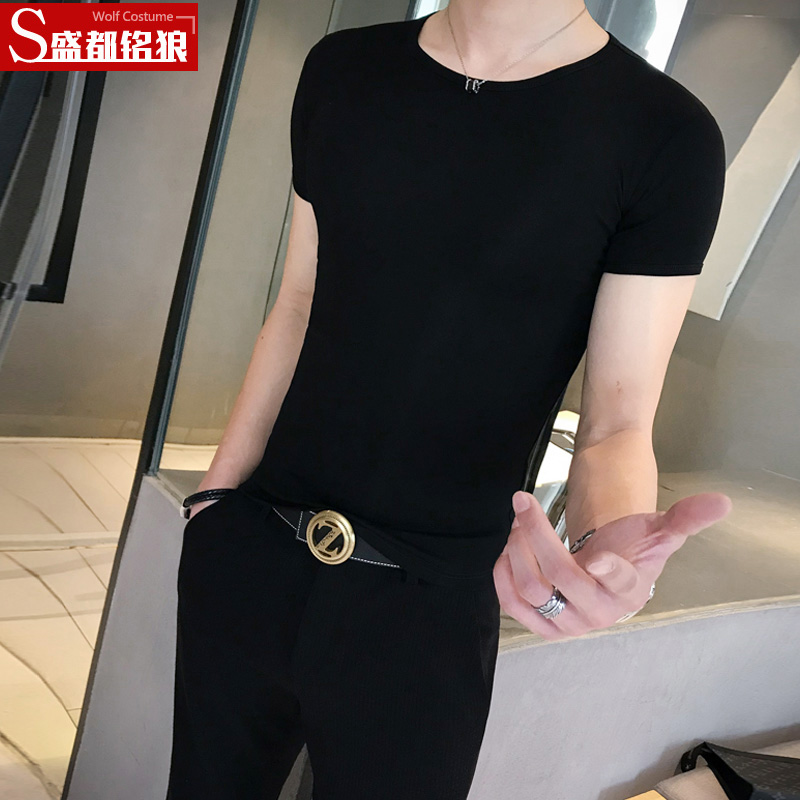 短袖t恤男紧身韩版半袖修身潮牌男士体恤圆领纯色纯棉潮流打底衫