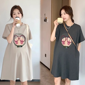 孕妇装女夏2025新款短袖纯棉连衣裙休闲显瘦韩版遮肚中长款T恤裙