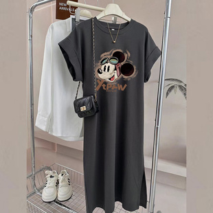 2026新款纯棉短袖t恤裙女韩版宽松休闲大码小飞袖连衣裙长裙夏季