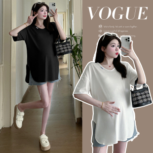 纯色V领短袖 薄款 T恤夏季 孕妈中长款 少女 孕妇装 上衣宽松打底衫 夏装