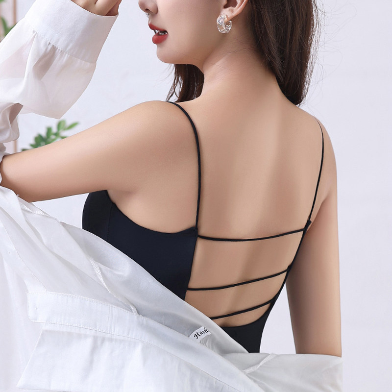 冰丝无痕肤色吊带背心女带胸垫薄款打底内搭性感辣妹中长美背上衣