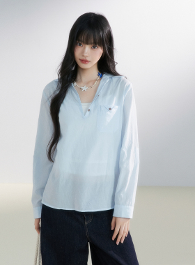 King Prince韩系拼接v领蓝色微透罩衫女夏季修身显瘦百搭上衣