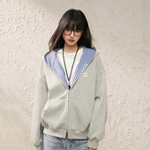 King 宽松拉链外套上衣 新款 Prince格纹拼接撞色连帽卫衣开衫 春季