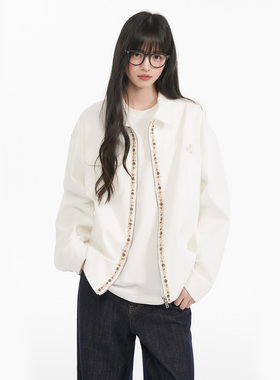 King Prince国潮小香风宝石织带拼接翻领夹克美式拉链情侣外套潮