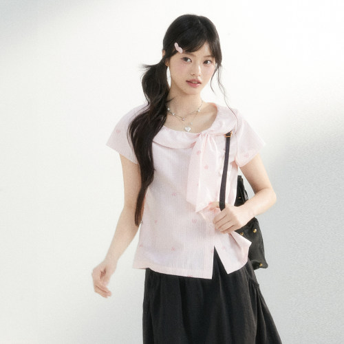 King Prince甜美蝴蝶结短袖衬衫女夏季娃娃领条纹修身设计感上衣