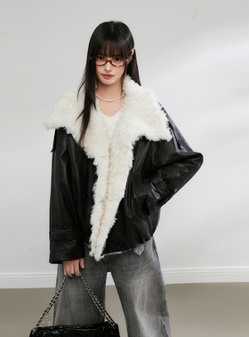 King Prince羊羔毛毛短款皮外套女加厚翻领双排扣皮毛一体外套冬