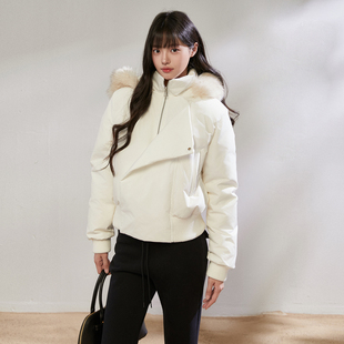 King Prince韩系连帽大毛领短款收腰羽绒服女冬季白鸭绒加厚女