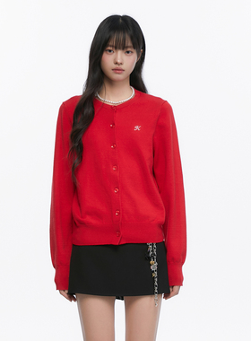 King Prince红色刺绣韩系合身开衫短款显白针织毛衣女上衣外套
