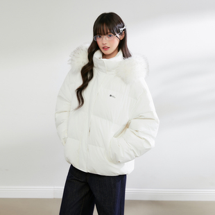 King Prince大毛领连帽白色羽绒服白鸭绒女宽松显瘦保暖加厚外套