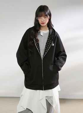 King Prince春季新款撞色波点印花开衫连帽卫衣外套情侣拉链上衣