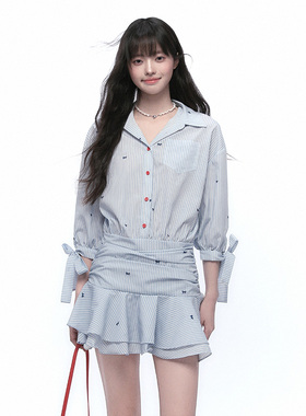 King Prince学院风蓝色条纹衬衫连衣裙子女时尚气质收腰短裙夏