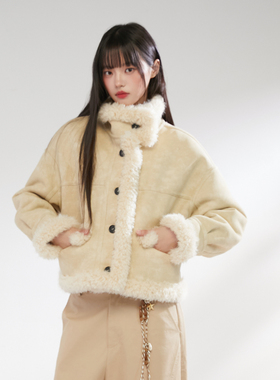 King Prince麂皮拼接羊羔毛外套女冬季短款加厚皮毛一体上衣女