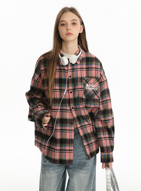 King Prince 2025新款黑粉格子衬衫男女美式复古宽松休闲衬衣外套