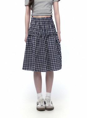 King Prince文艺风设计感蓝色格子半身裙两穿气质抹胸a字伞裙